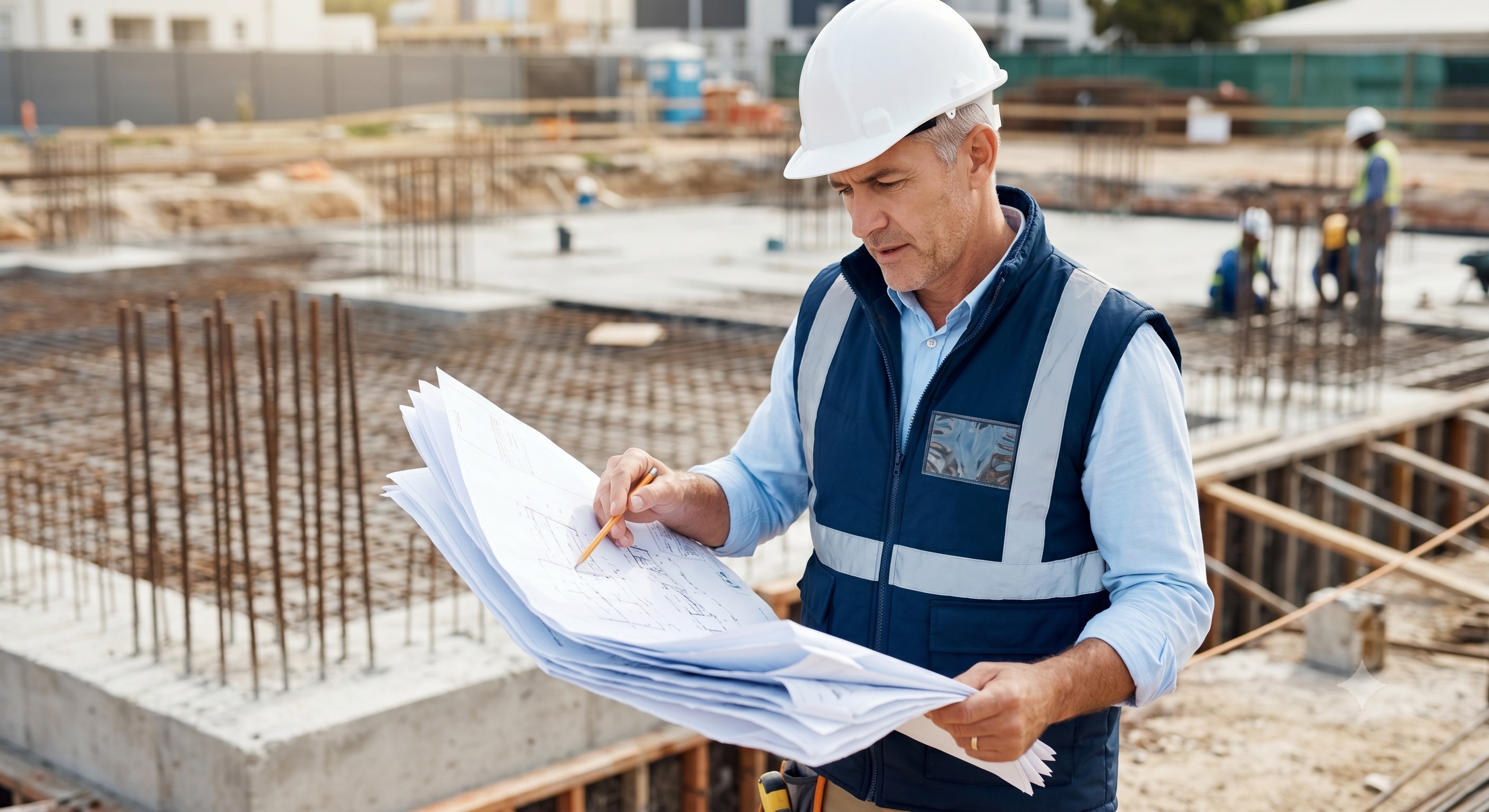 Ingeniero revisando planos detallados en una obra en construcción